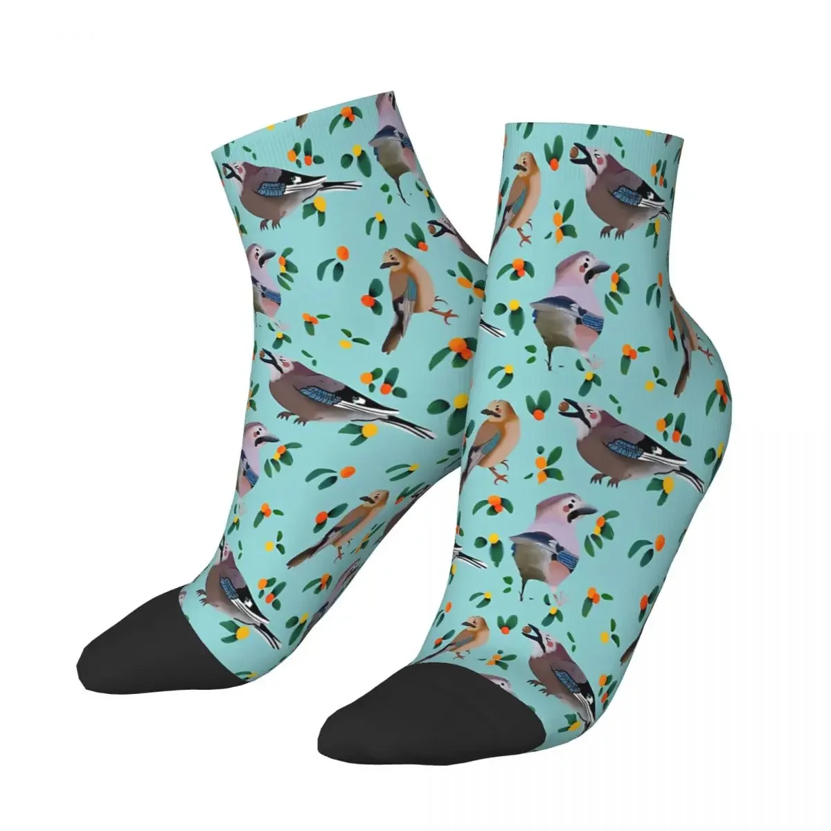 Eurasian Jay Birds Cute Grey And Aqua Bird Illustration Pattern Ankle Socks Male Mens Women Autumn Stockings Printed