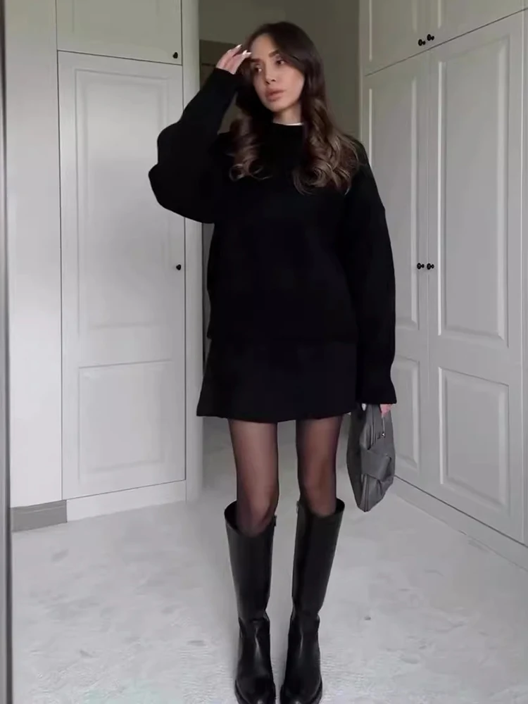 Preppy Chic O Neck Sweater Mini Skirt Women Two Piece Set Autumn Winter Solid Long Sleeve Knitted Suit High Street Loose Outfits image 2
