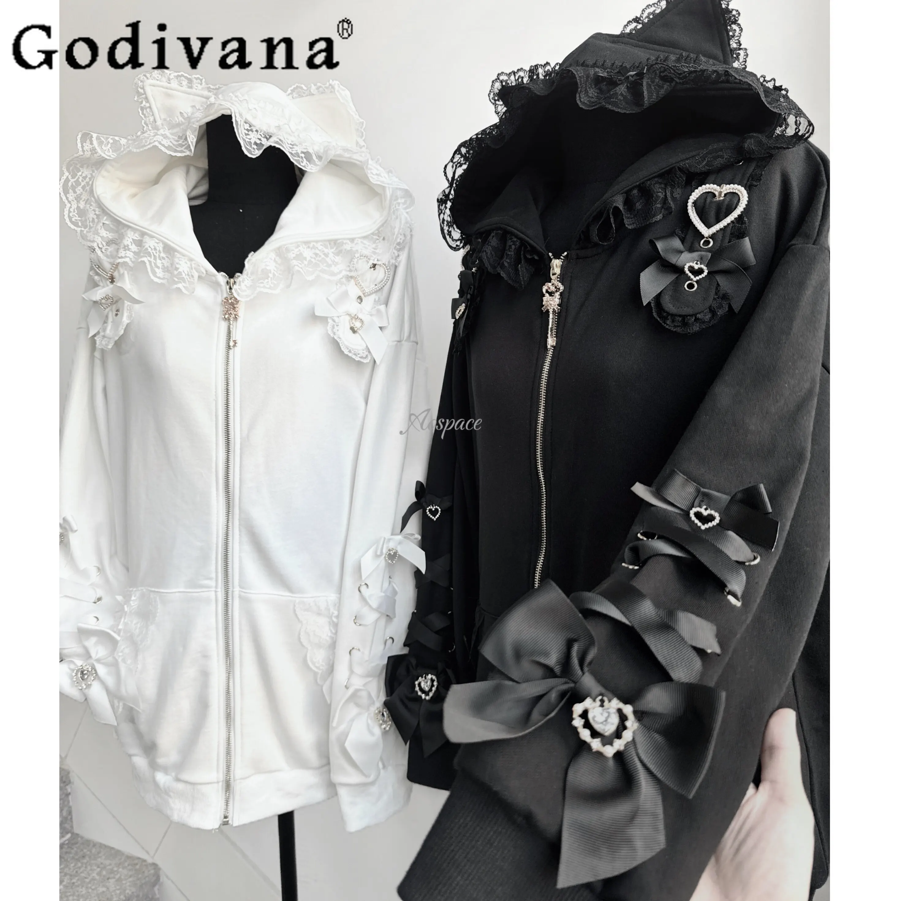 

Оригинальная черно-белая толстовка на молнии с капюшоном в стиле субкультуры, новинка весны 2026, модная стильная толстовка с бантом и кошачьими ушками, женская одежда