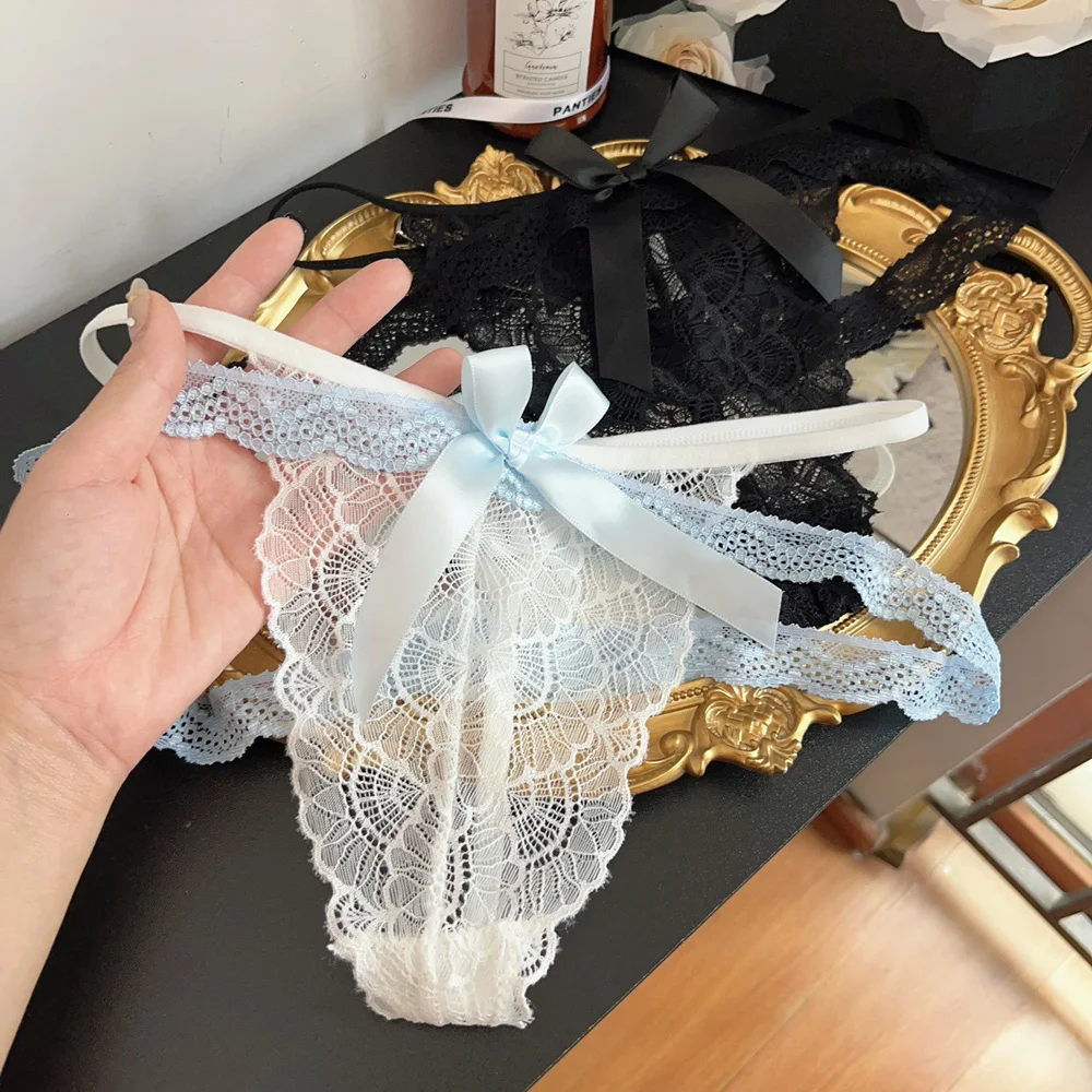 Dámské sexy krajkové tanga s nízkým pasem, prodyšné, bezešvé, hladké a měkké spodní prádlo, s mašlí a detailem mašle - náhled 3