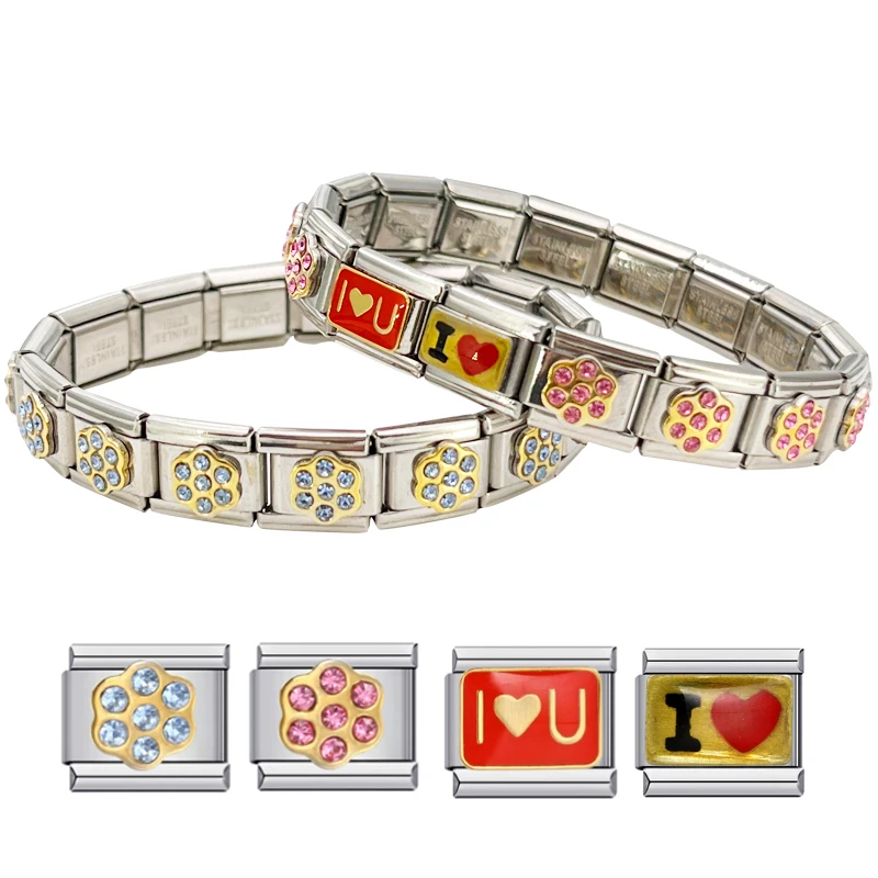 

Red Pepper Flower Italian Charm Stainless Steel Bracelet DIY Module Hand Chain Link Jewelry Elastic Bangle Making Bracelets Gift