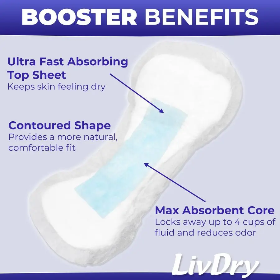 Booster Pads XL par, ajoute une absorption maximale aux couches pour adultes avec un design FlowThrough, une capacité jusqu'à 4 tasses, plus de couverture pour les femmes