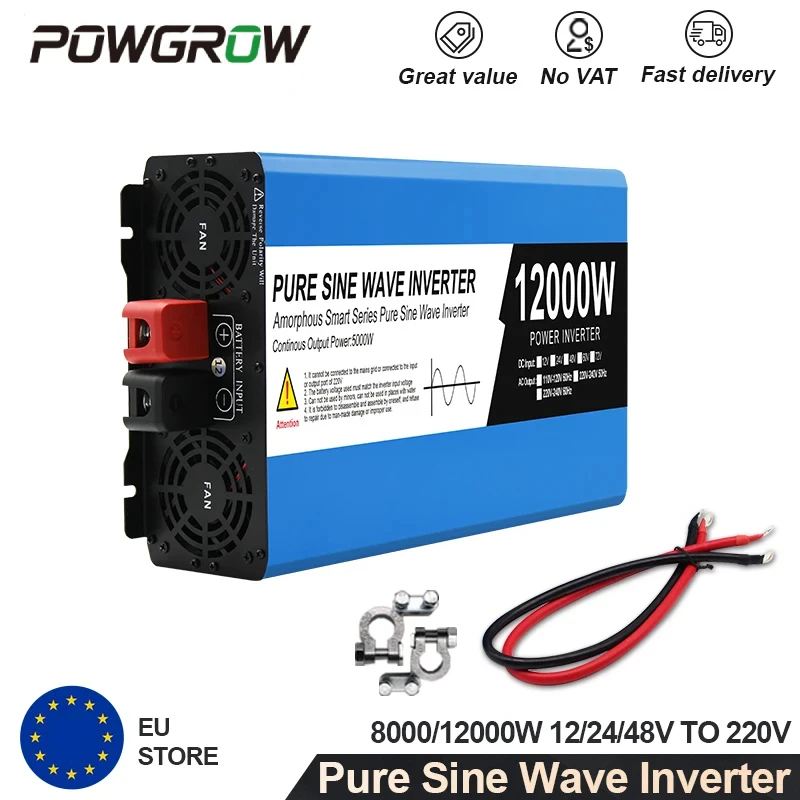 POWGROW Onduleur à onde sinusoïdale pure 12000W 8000W 4000W DC 12V 24V vers AC 220V, Onduleur solaire, Convertisseur de fréquence