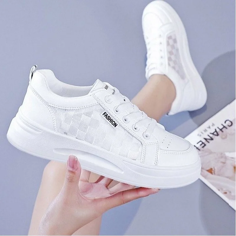 Women\'s Shoes Summer 2022 Mujer Fashion Casual White Shoes Lace Shoes Breathable Hollow Mesh Platform Flat Shoes Woman Sneakers