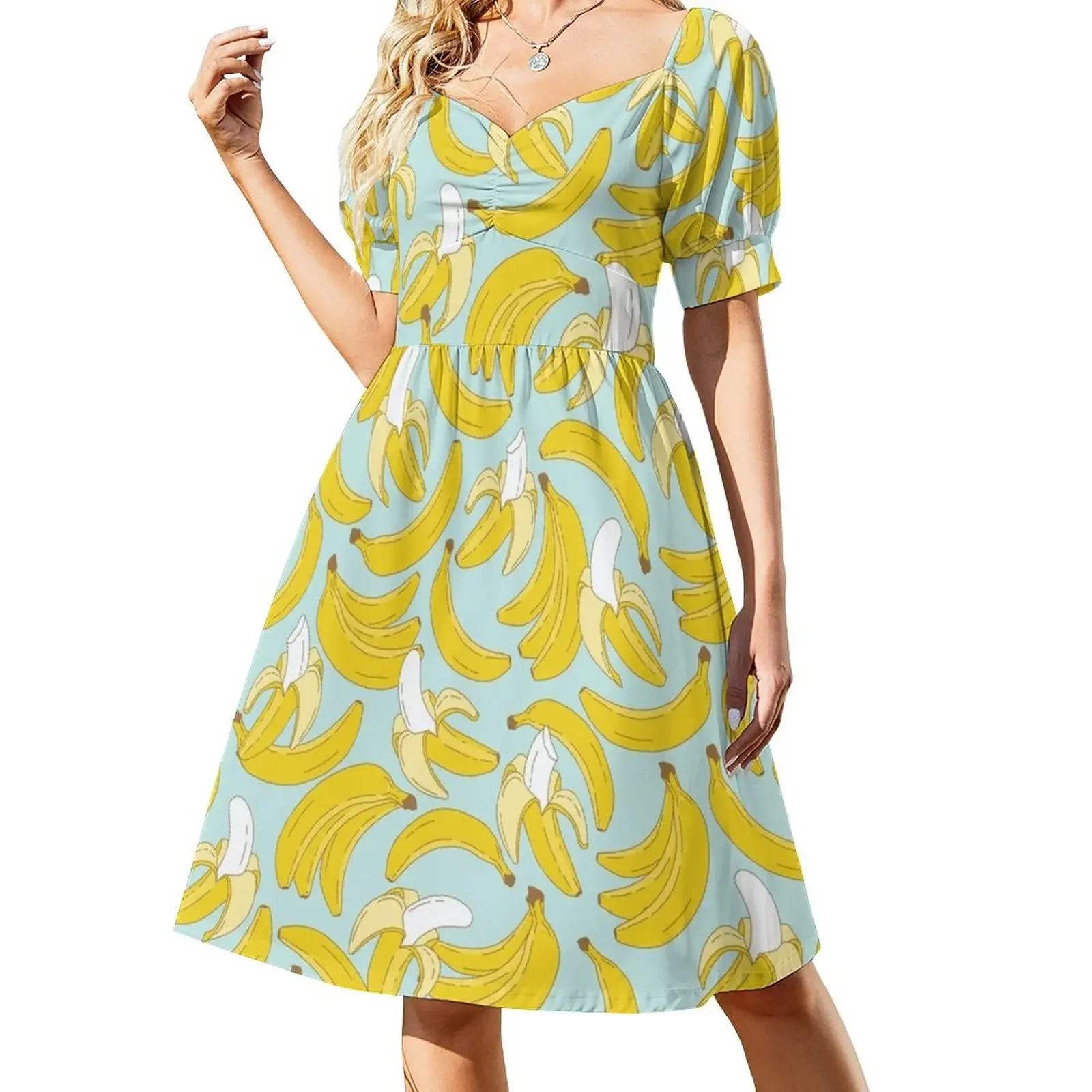 

Banana pattern on turquoise background Short-Sleeved Dress Summer dresses for women dress women elegant luxury Elegant gowns