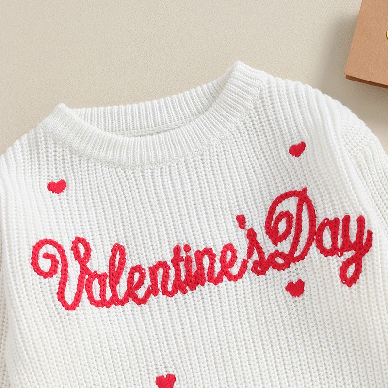 Toddler Girls Boys Sweater Letter Heart Embroidery Crew Neck Long Sleeve Pullovers Baby Valentines Day Outfits