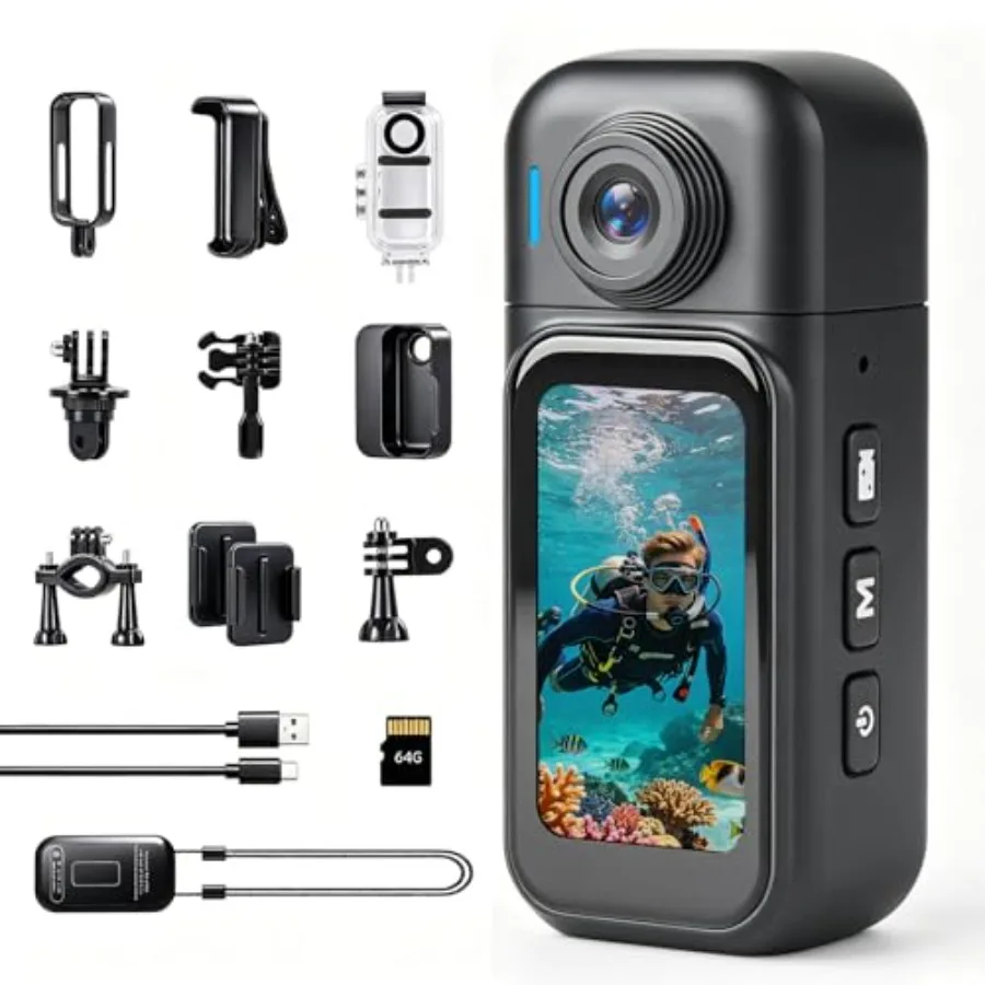

Cycling, vlogging, travel wearable action camera; black ABS plastic; black; thumb-sized, 1.47 touch screen, WiFi, magnetic moun