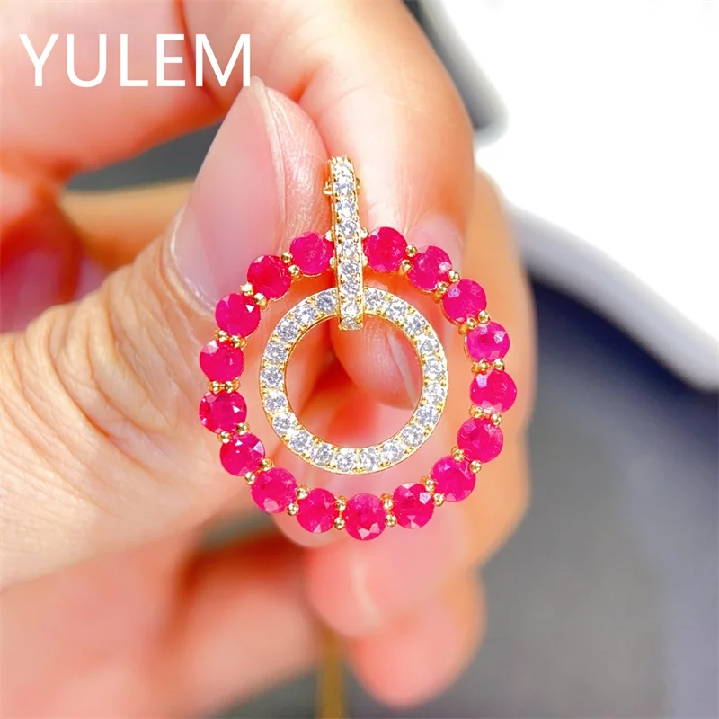YULEM Double Circle Interlocking Pendant 925 Silver Gold Plated Natural Ruby Cubic Zirconia Women Round Necklace Charm