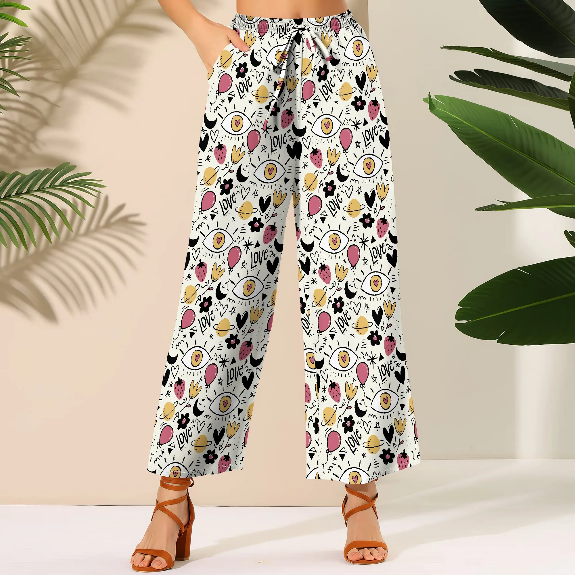 

Women's Wide Leg Ankle-Length Pants Letter Print Casual Elastic Loose Breathable for Party Night Out Festival Rave
