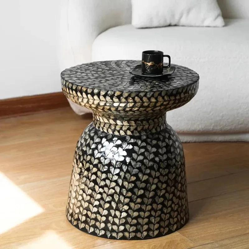 Decorative Mosaic Side Table, Handcrafted Round Accent Stool, Hourglass Shape End Table, Artistic Home Decor for Living Room