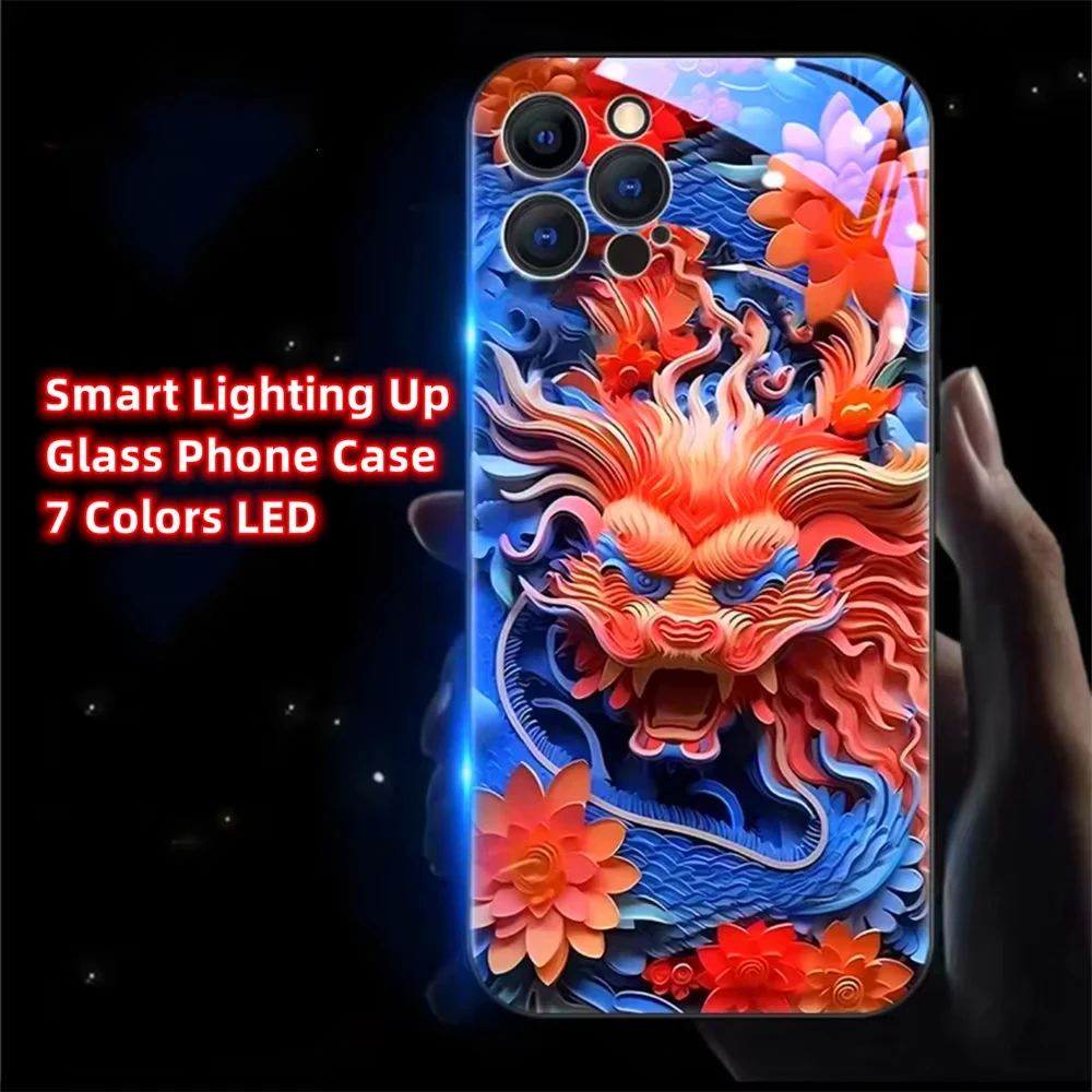 Origami Lucky Dragon Sound Control LED Flash Case Luminous Cover For iPhone 16 15 14 13 12 11 Pro Max XR XS Plus 6 7 8 SE2020