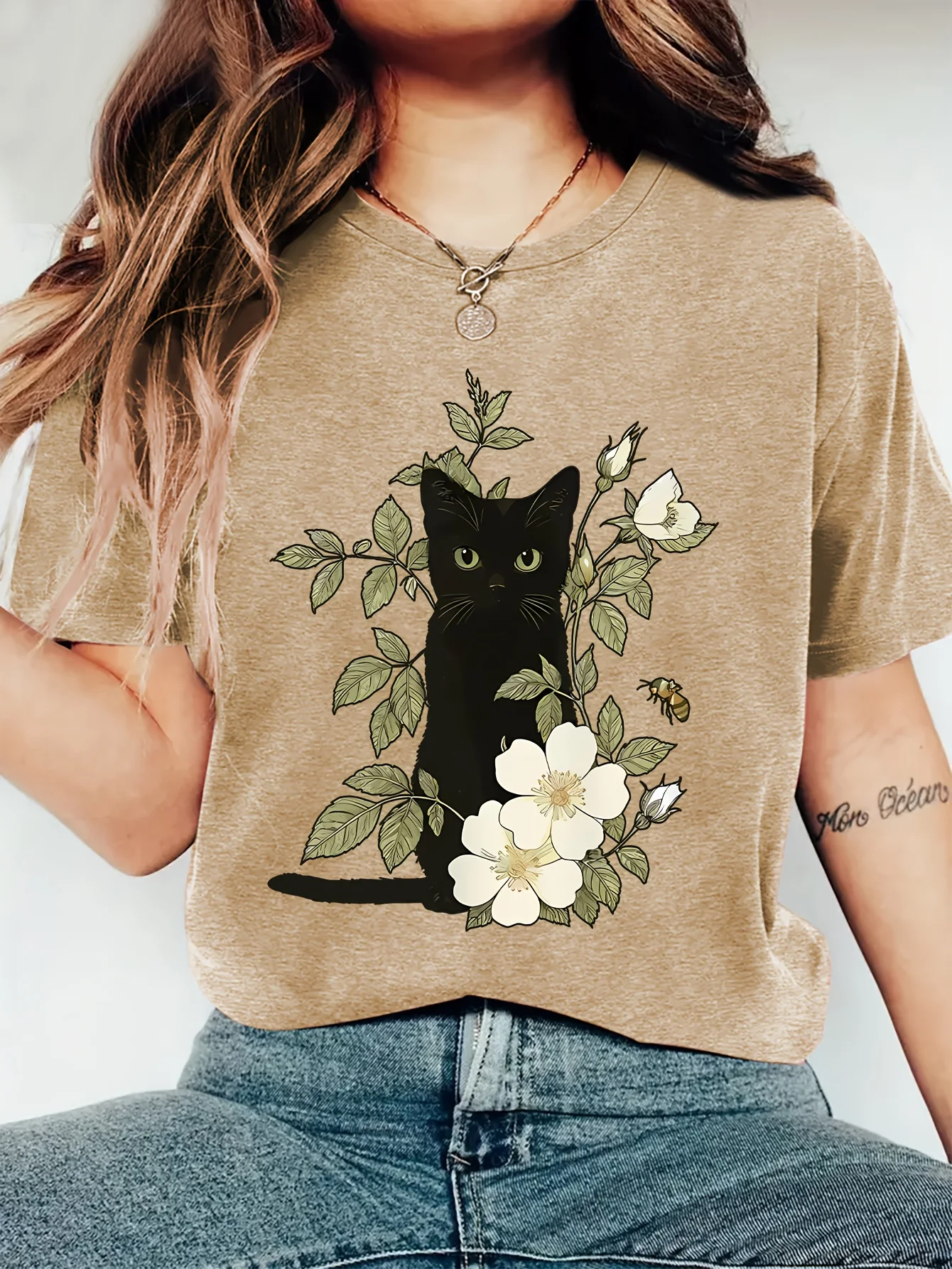Women Spring Summer Crew Neck Short Sleeve T-Shirt Black Cat White Floral Bee Print Loose Casual Dark Green Daily Ladies Tops