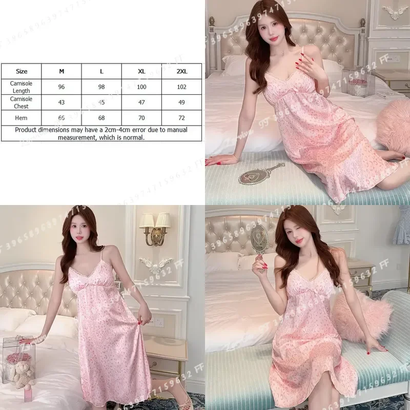 Summer Sexy Leopard Lace Lingerie Ice Silk Satin Spaghetti Strap Nightgown Women Cute Sleepwear Night Dress Nightdress