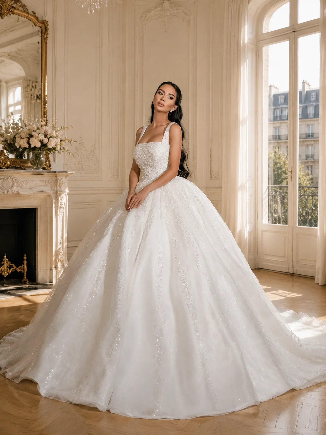 Luxury Pearl Beaded Ball Gown Wedding Dress for Bride Square Neck Sparkly Tulle Princess Bridal Gown CustomMade Vestido De Novia