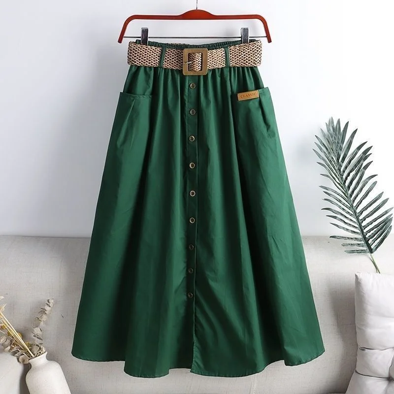 2025 Spring Summer Women Washed Cotton Elastic High-waist Skirt Pocket Belt Solid Long A-line Skirts Split Hem All-match Skirts