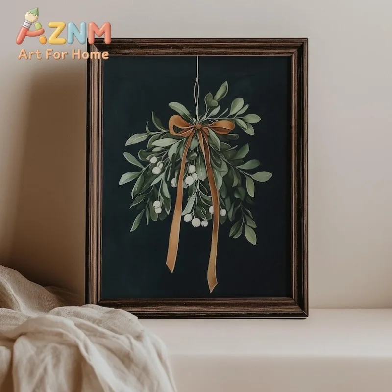 Vintage Mistletoe Painting, Christmas Decor Prints Wall Art, Dark Moody Antique Holiday Print, Neutral Winter Botanical Poster