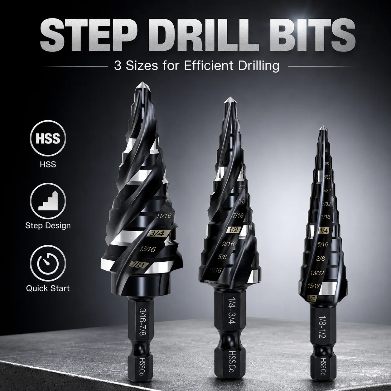 Spiral Groove Step Drill Bits 3Pcs HSS‑Co Cobalt High Speed Steel Hex Shank Multi‑Size Hole Cutter Set for Stainless Steel Metal