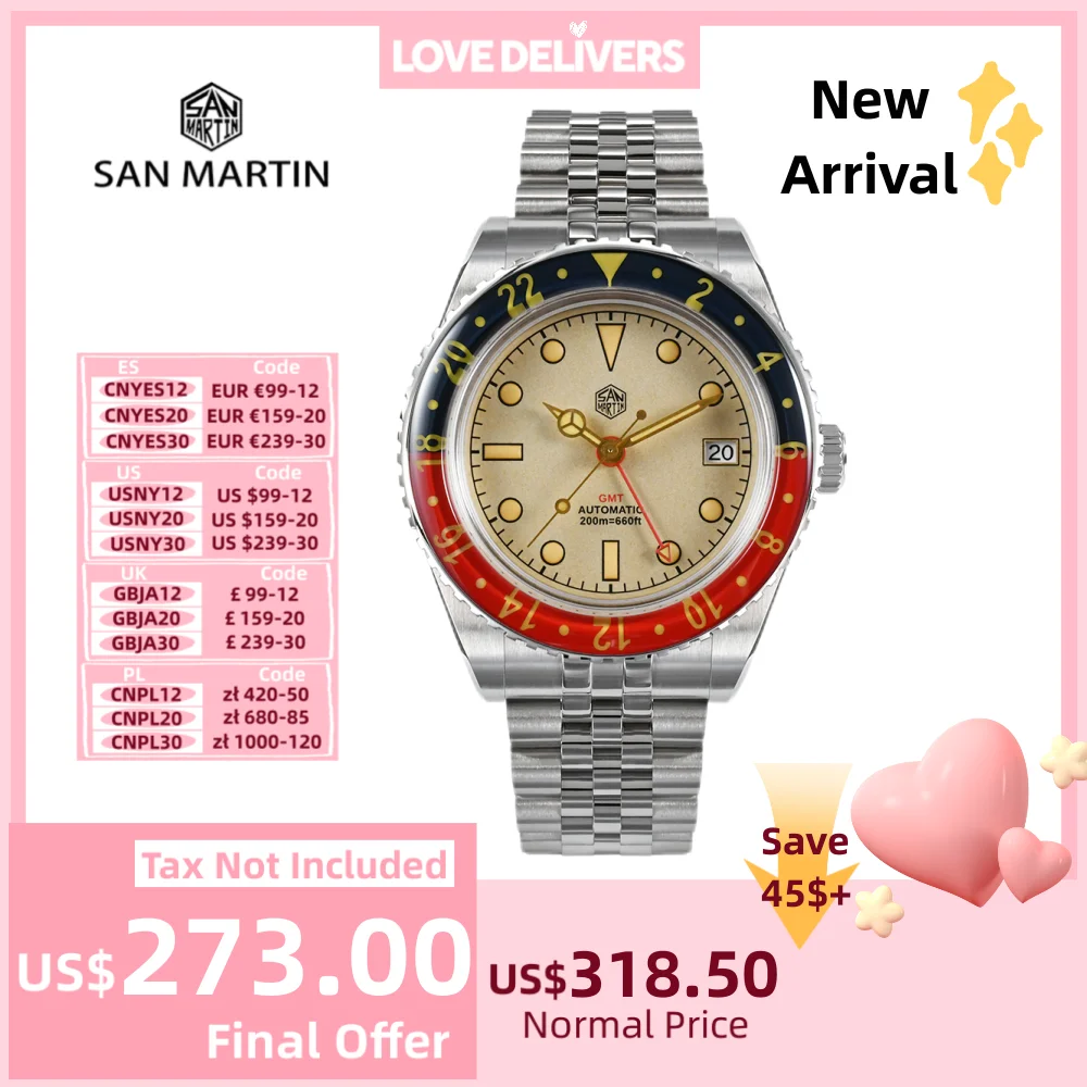 San Martin 40mm NH34 GMT Watches For Men Wrist Mechanical Vintage Luxury 20Bar Diving Sports C3 Luminous Reloj Hombre SN0005B-3