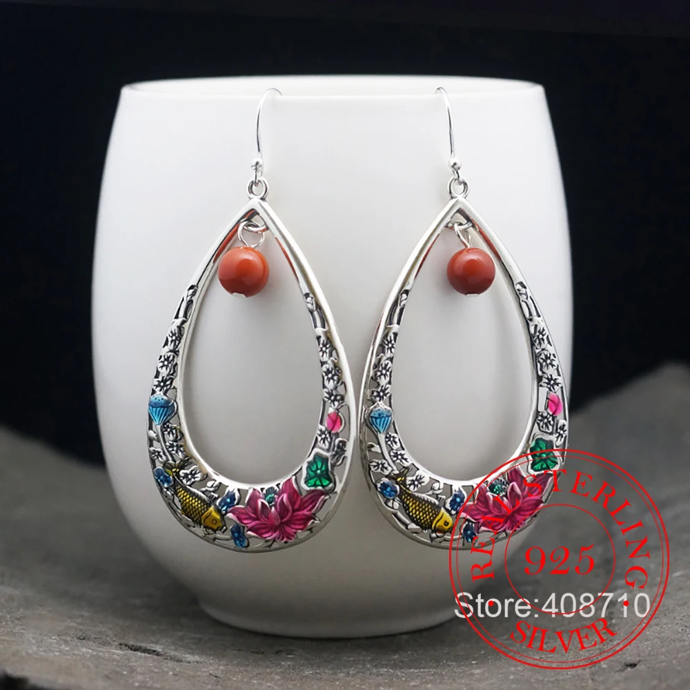925 Sterling Silver Jewelry Exquisite Agate Enamel Lotus Flower Fish Tassel Drop Earrings for Women Wedding Party Jewelry Gift
