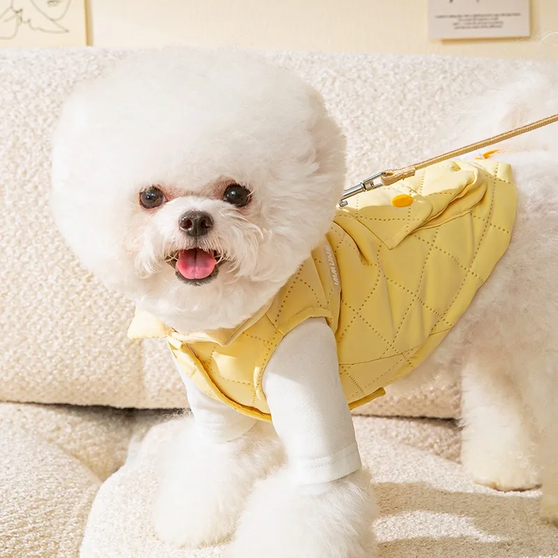 الشتاء جرو الملابس تيدي بلون سترة Bichon Frize Leashable الدافئة القطن الحيوانات الأليفة أكمام سبليت زر قميص