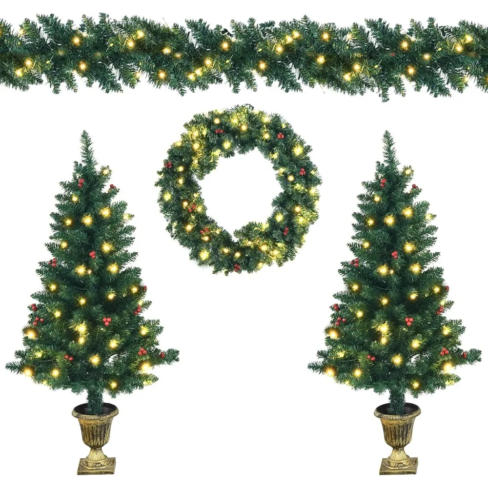 

Christmas Garland, Wreath and Set of 2 Entrance Trees with LED Lights, Artificial Christmas Tree Celebrating Set