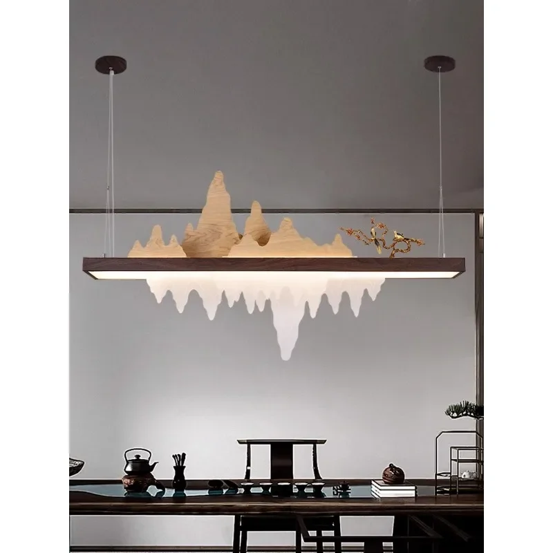 New Chinese restaurant chandelier Chinese style tea room study Zen dining table bar designer landscape solid wood strip lamp