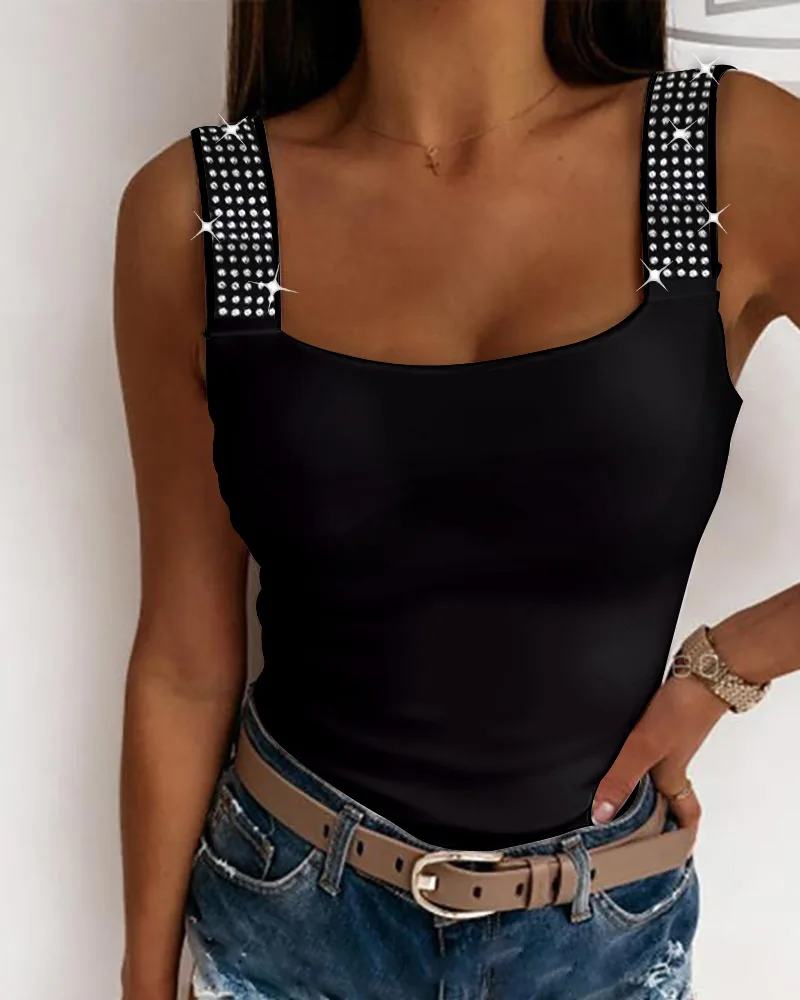 Women Top Sexy Sling Tops Slim Fit Sleeveless Casual Vests Round Neck Sheath Solid Tees Elegant Splice Summer T Shirts