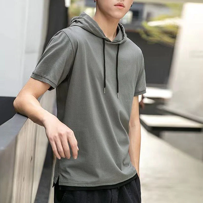 2023 Summer New Short Sleeve Hoodies Man Solid Color Drawstring Patchwork Pullovers Fashion Street Cotton Casual All-match Tops