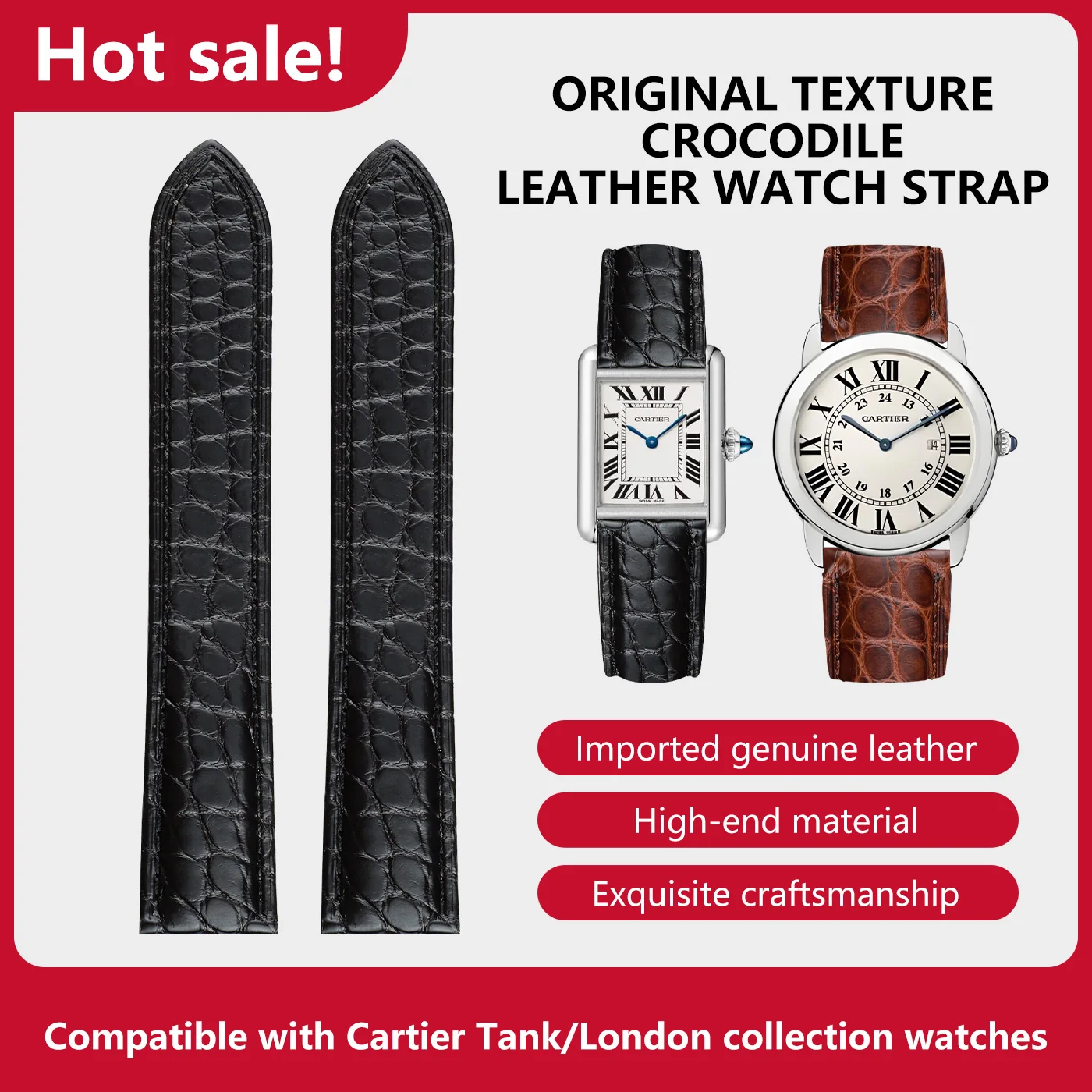 

16mm17mm18mm19 20 21 22 23mm 24mm 25mm Black Blue Brown Crocodile Skin Watch Strap For CARTIER Tank Bracelet Cowhide Watchband