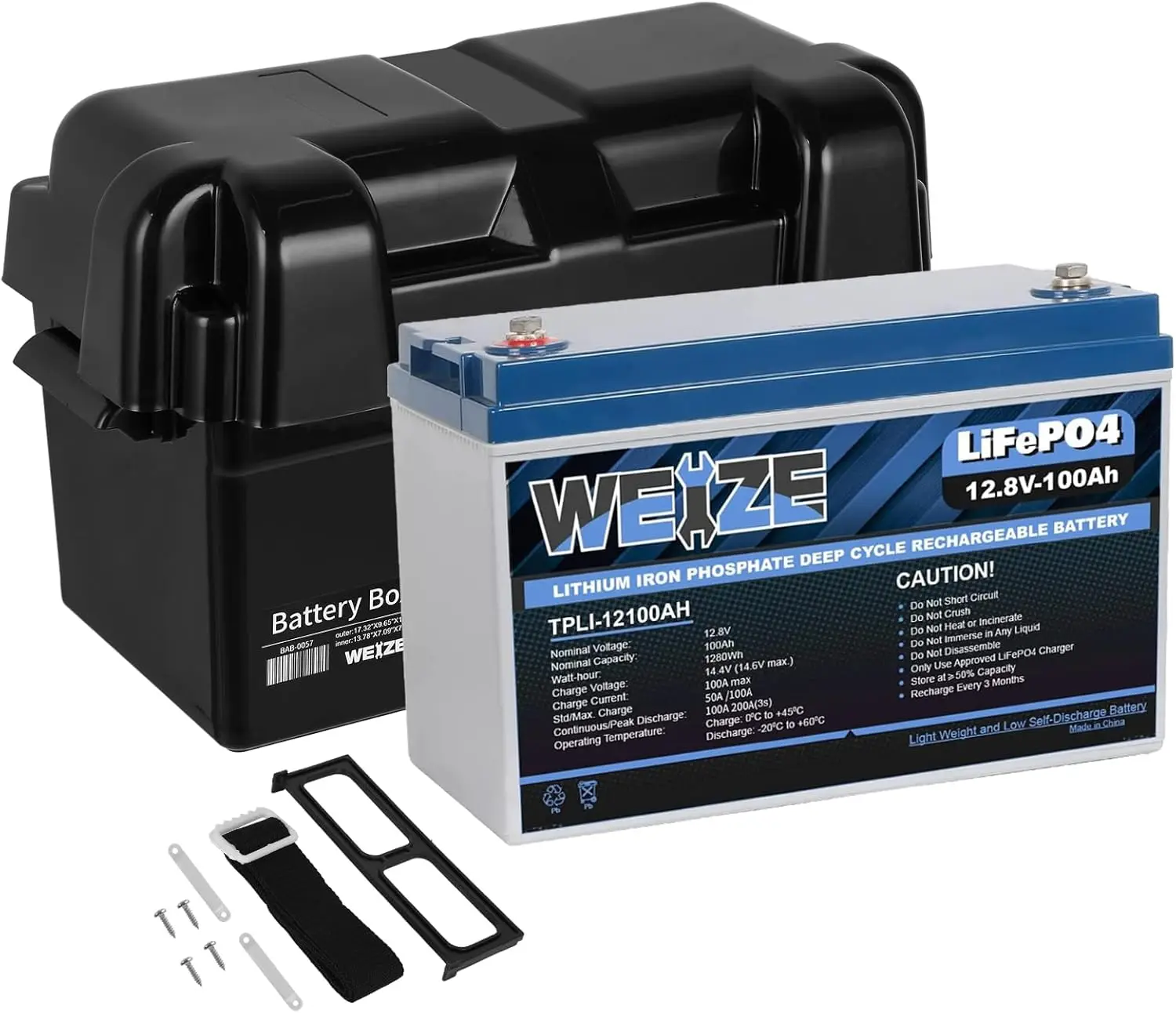 WEIZE 12V 100Ah LiFePO4 Lithium Battery with Battery Box, Up to 8000 Cycles, Built-in 100A Smart BMS, Perfect for RV, Solar