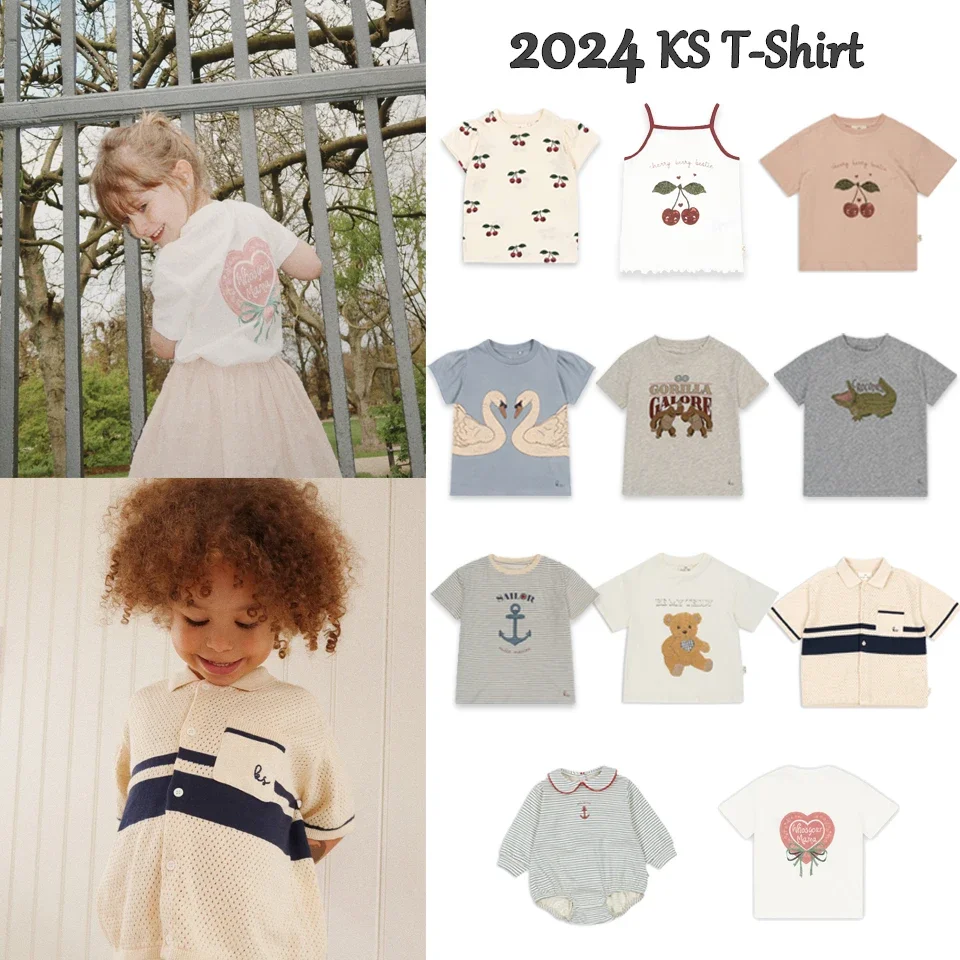 

2024 Summer KS Children's Clothing Baby Girls Cartoon Swan Short Sleeve T Shirts Suits Boys Gorilla Bottom T-shirt Kids Home Set