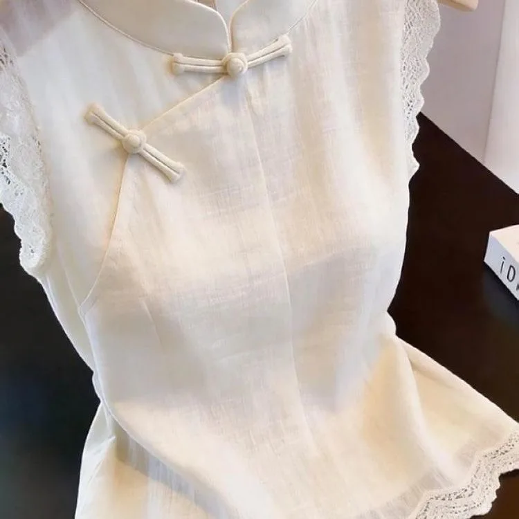 Camisa Blanca de Encaje con Mangas para Mujer, Nuevo Estilo Chino, Talla Grande, Cuello Mao, Abotonada, Estilizadora, Top de ...