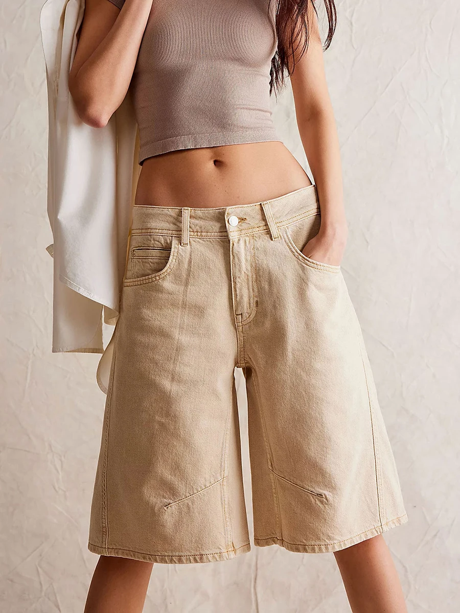 レディース膝丈デニムショートパンツ 無地 ローウエスト ワイドレッグ ジーンズショーツ 夏 クラブ ストリートスタイル S-2XL