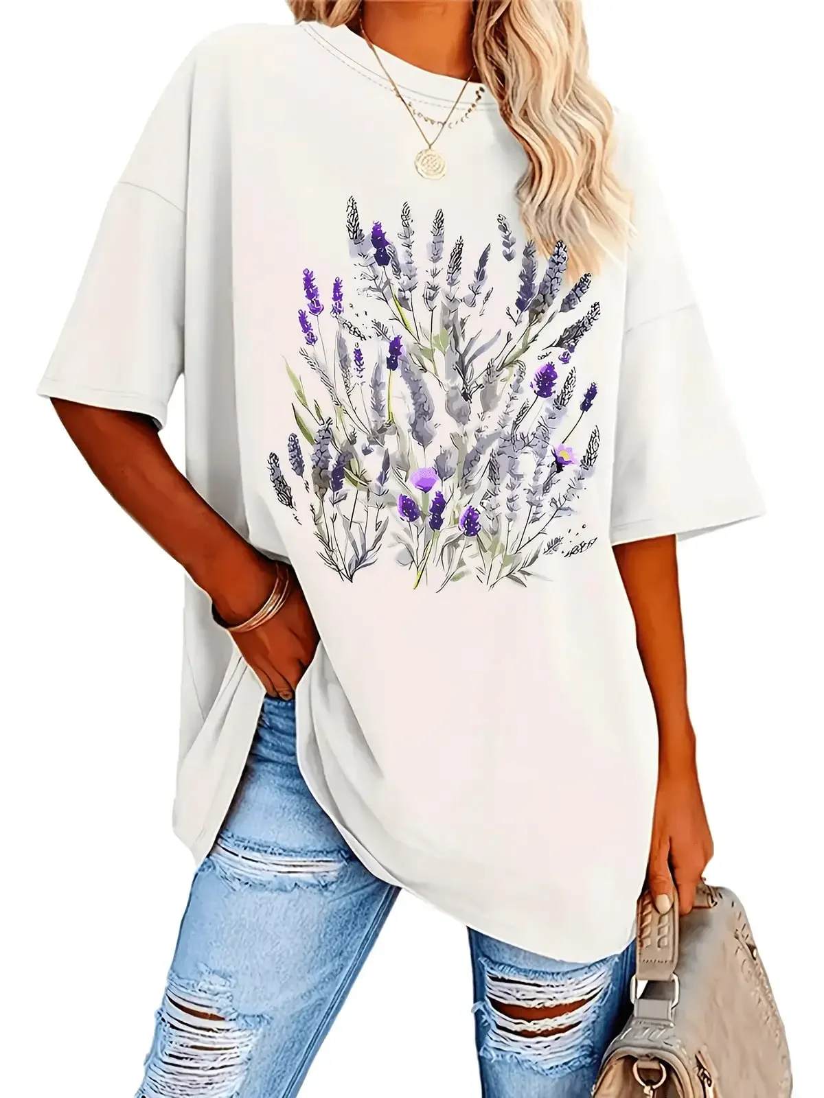 Plus Size - Plus Size - Plus-Size Casual Top With Short Sleeves And Floral Print, Suitable For Summer And Spring, Women'S Plus-Size Clothing,Breathable And Comfortable Short-Sleeved Round-Neck Top, Suitable For All Seasons, Everyday Wear For Women