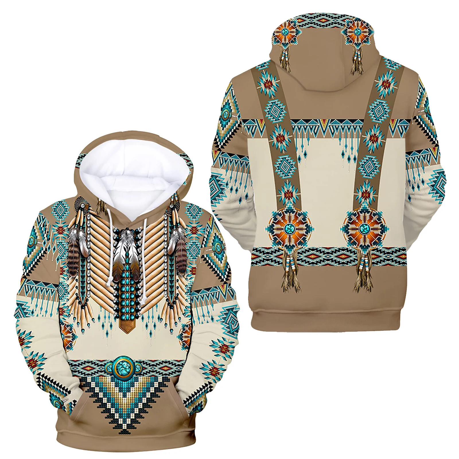 HX Fashion Mens Hoodies Retro Tribal Feather Tassel Design 3D Printed Casual Hooded Sweater Pullover Tops S-7XL Dropshipping