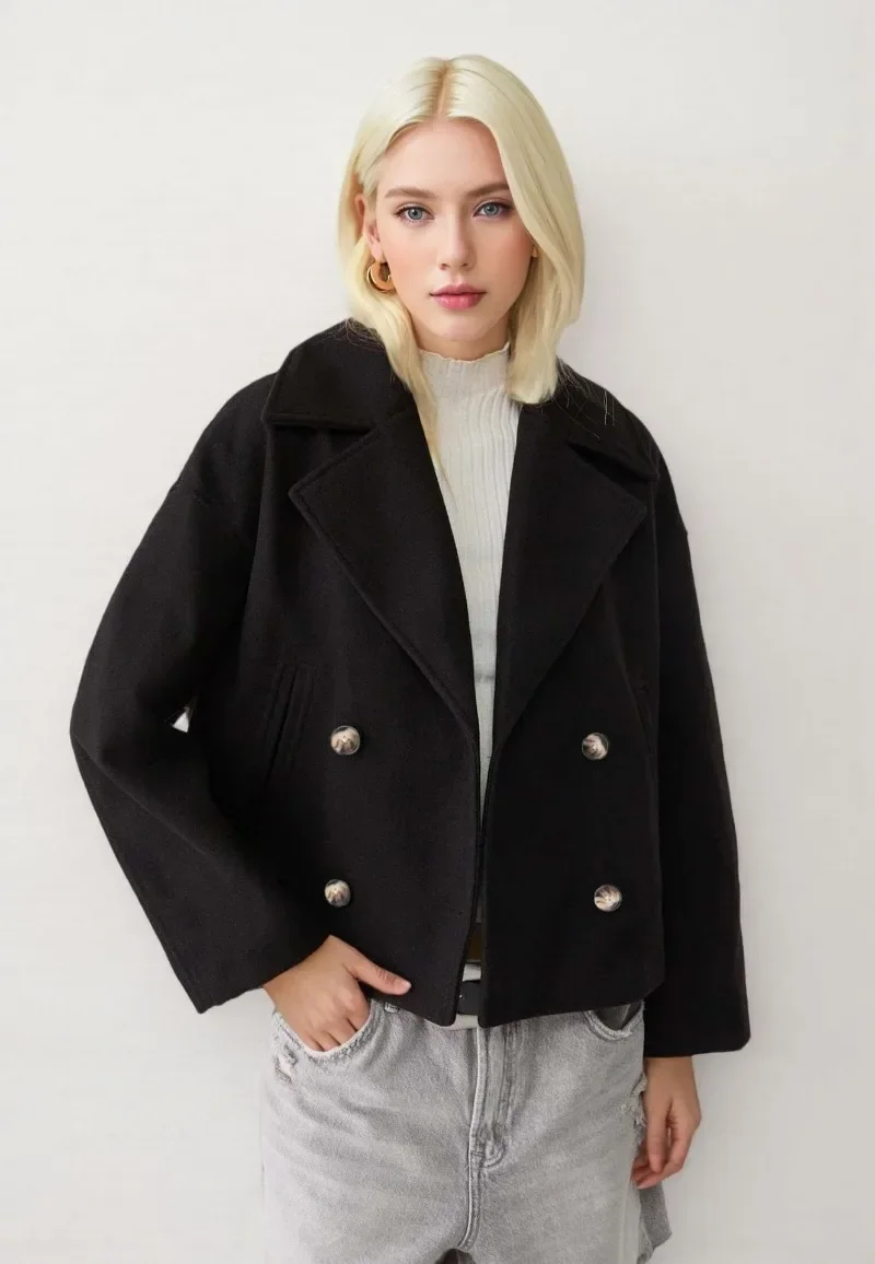 Lässige Kurze Wollmischmantel für Damen, Locker Geschnittene Jacken mit Revers, Doppelreihig, mit Taschen, Langen Ärmeln, Herbst-Winter 2026, Einfarbiger Damenmantel – Detail 3