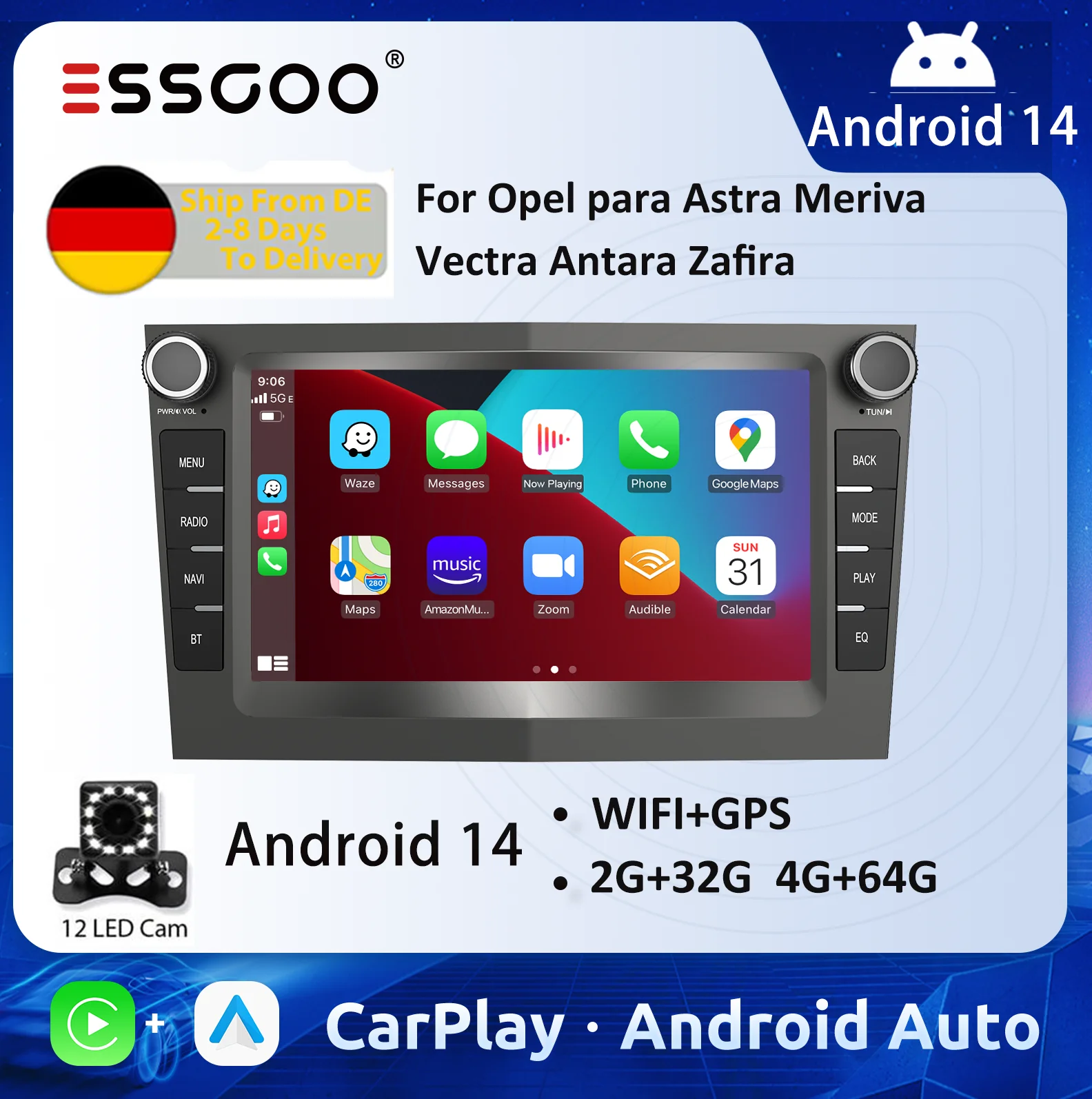 ESSGOO Android 14 Car Radio 4G 64G For Opel Astra Vectra Vauxhall Antara Zafira Corsa C D Vivaro Meriva Wireless CarPlay Auto