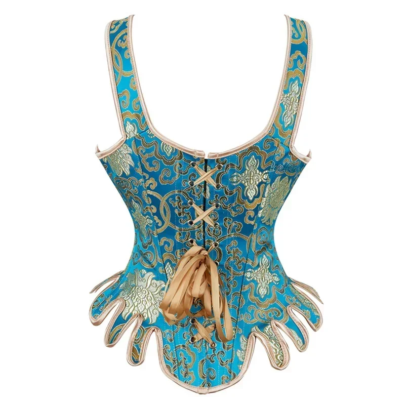 Vintage Embroidered Blue Corset Top with Should Strap Women Gothic Sexy Bustier Renaissance Overbust Corselet Steampunk Bodice