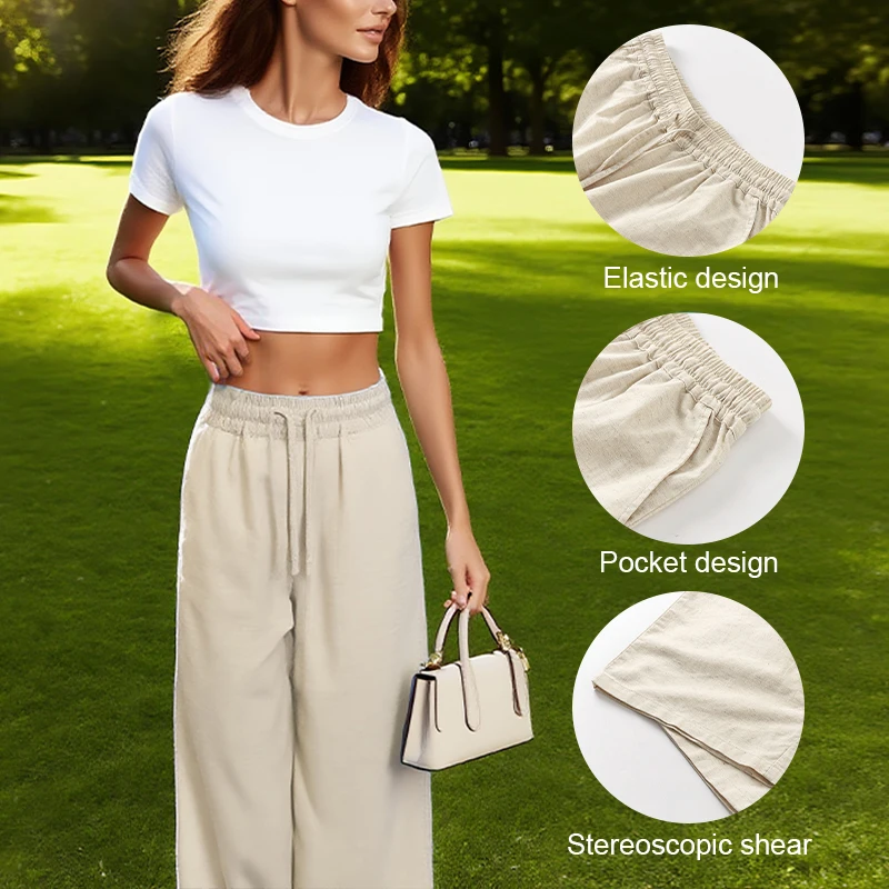 Women's Cotton Linen Pants Solid Color Elastic Waistband Drawstring Loose Casual Comfortable Home Commuting Basic Pants