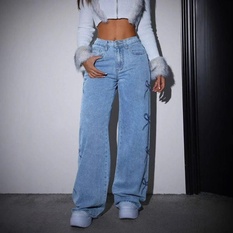New Collection of European American Retro Style Casual Versatile Printed High-waisted Butterfly-shaped Loose Jeans 2026 Autumn