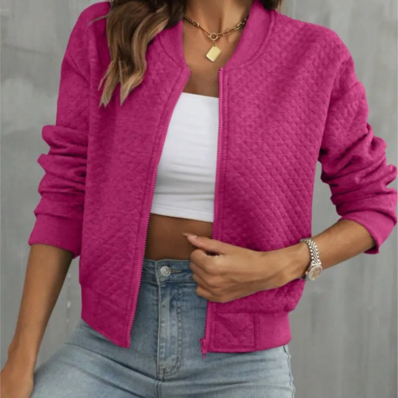 

Women's Fashionable Rose Red Autumn And Winter Long Sleeved Blazer Casual Women's Zipper Round Neck Baseball Sports Jacket 2024