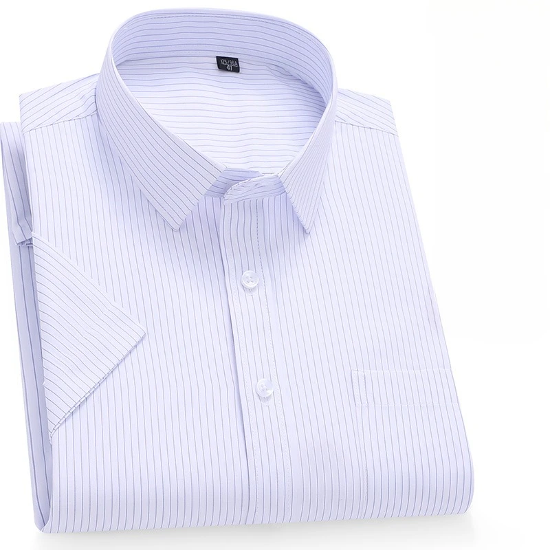 Plus Size 8XL 100%Cotton Striped Summer Short Sleeve Shirts for Men Slim Fit Casual Plain Shirt Soft Business Elegant Clothes
