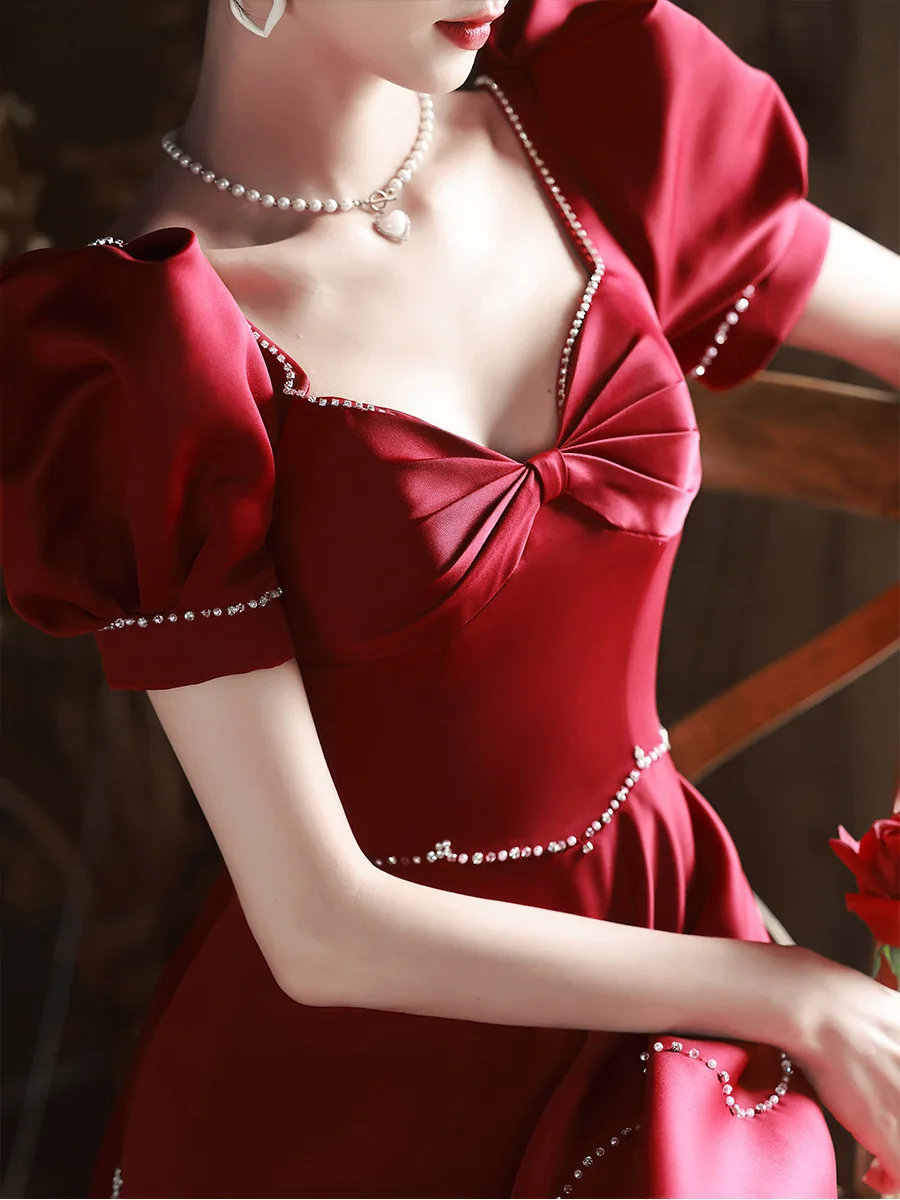 

Sexy Retro Palace Style Celebrity Banquet Dress Burgundy Bridal Wedding Dress Puff Sleeve Qipao Cheongsam A-Line Pleated Dress