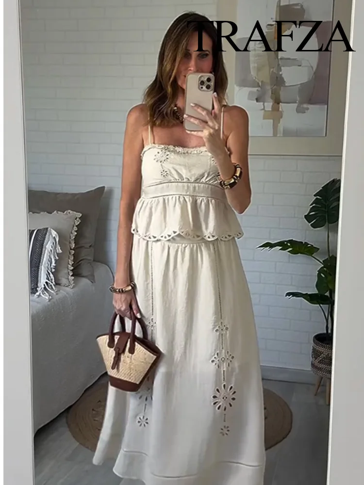 

TRAFZA Women Solid Skirt Suit Chic Sleeveless Hollow Embroidery Short Sling Top+Summer Fashion A-Line Elastic Waist Midi Skirt