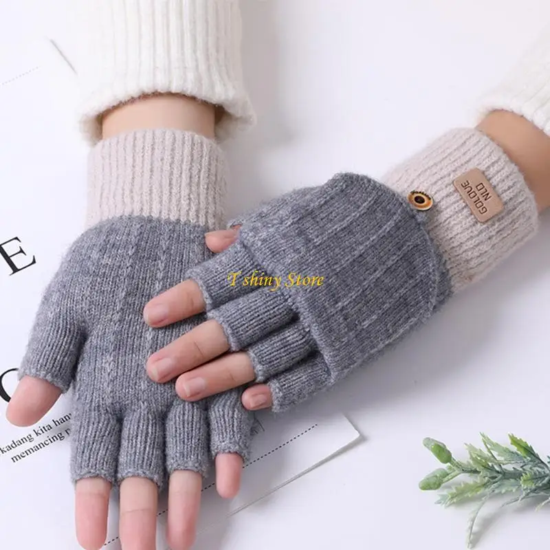 N58F Half Finger Mittens Convertible Gloves Knitted Gloves Color Matching Design