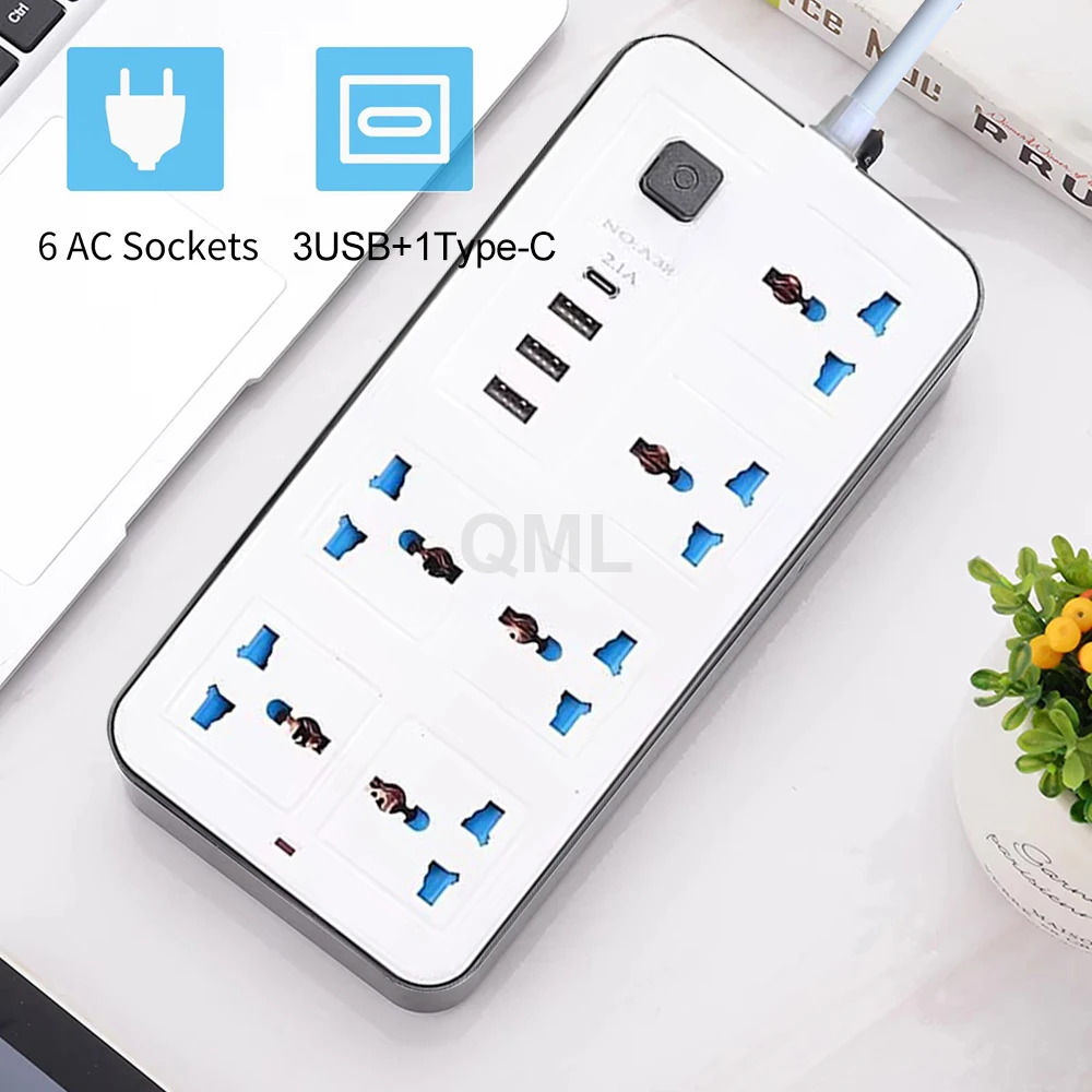 

UK Plug 6 Output Universal Power Socket Board With 3 USB 1 Type-C Port 2M Extension Wire 250V Power Strip Network Filter Adapter