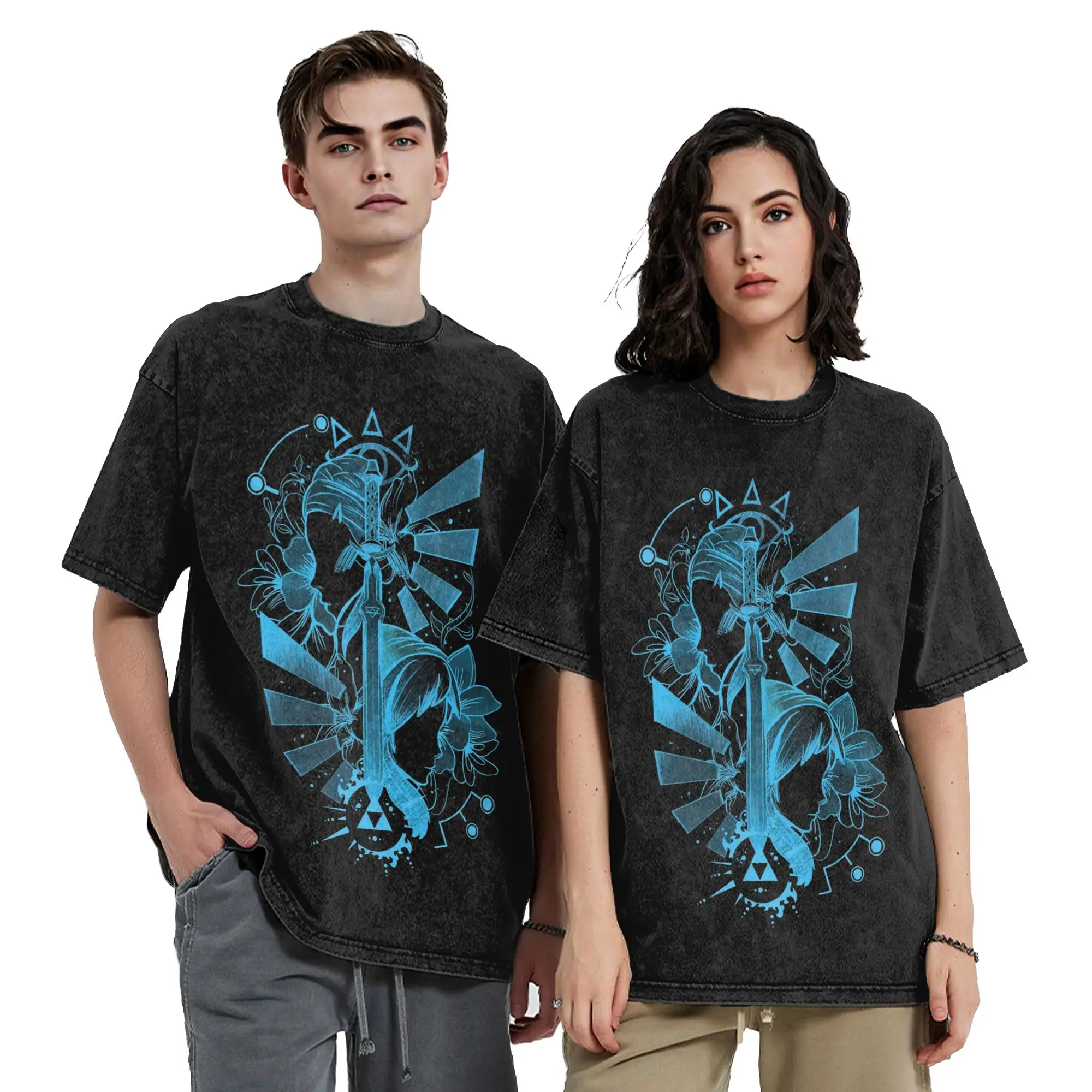 Zeldas Legend Link Washed T Shirt Streetwear Vintage T-Shirt Game Anime Tee Shirt for Men Women 100% Cotton Harajuku