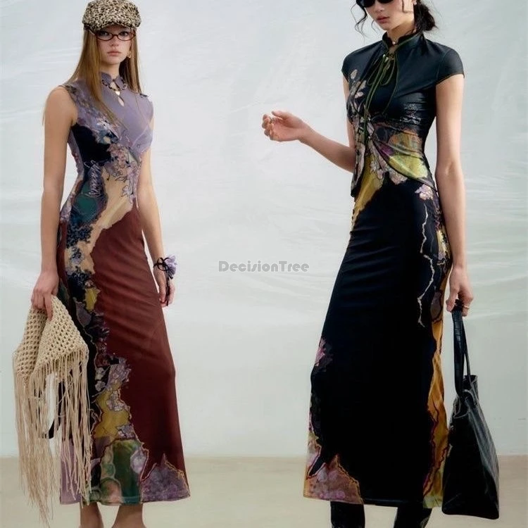 2025 new chinese improved style retro printed sleeveless stand collar cheongsam dress women new summer long slimming qipao dress