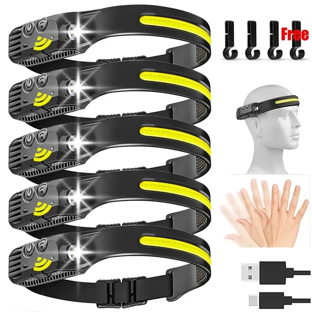 Latarka czołowa LED z czujnikiem USB, ładowana przez USB, latarka czołowa COB, latarka czołowa, wodoodporna latarka czołowa do wędkowania, latarnia kempingowa