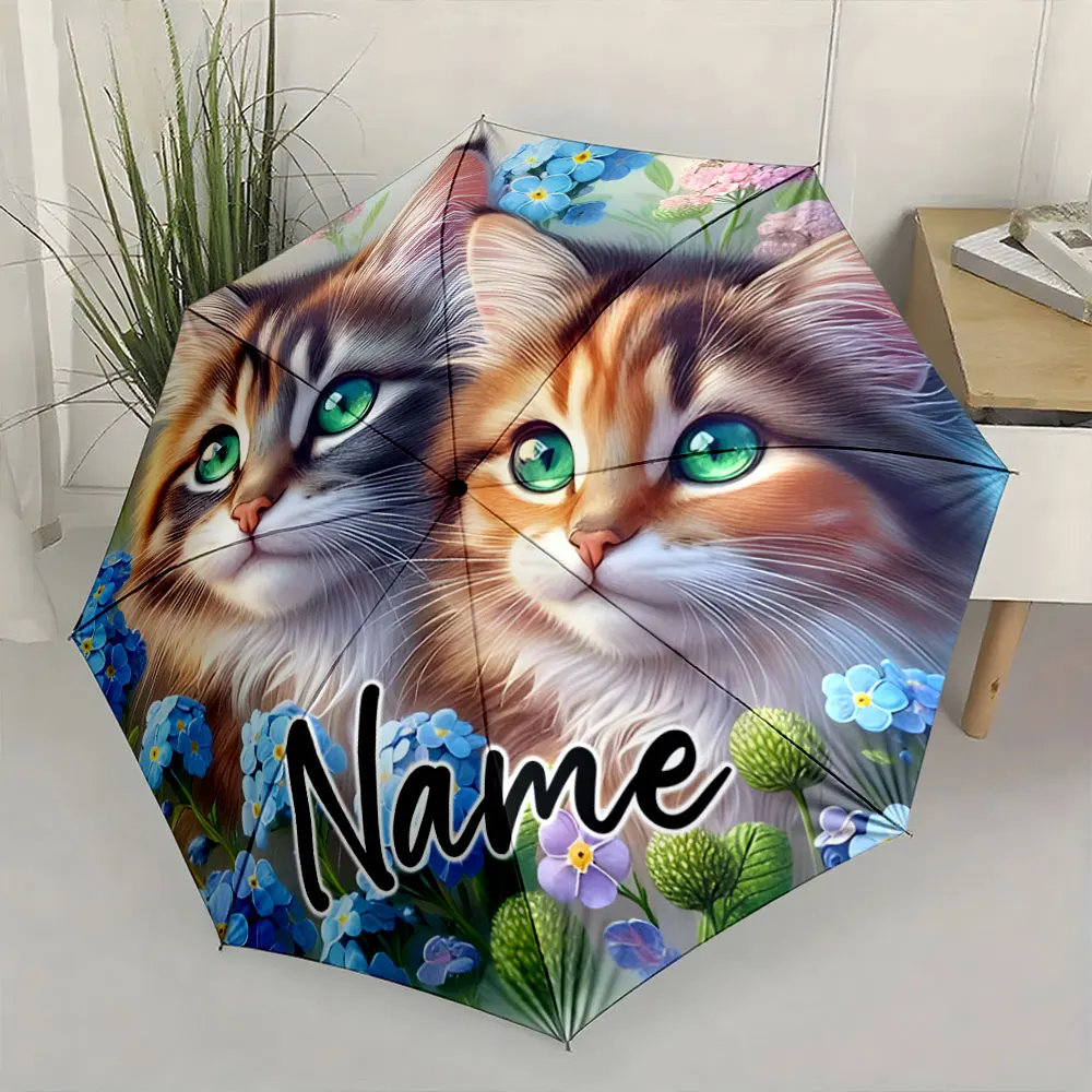 Custom Name Vivid Cat Umbrella Design with Flowers 8 Iron Ribs Folding Umbrella Auto-Open Fashionable Sunshade Deluxe Gift